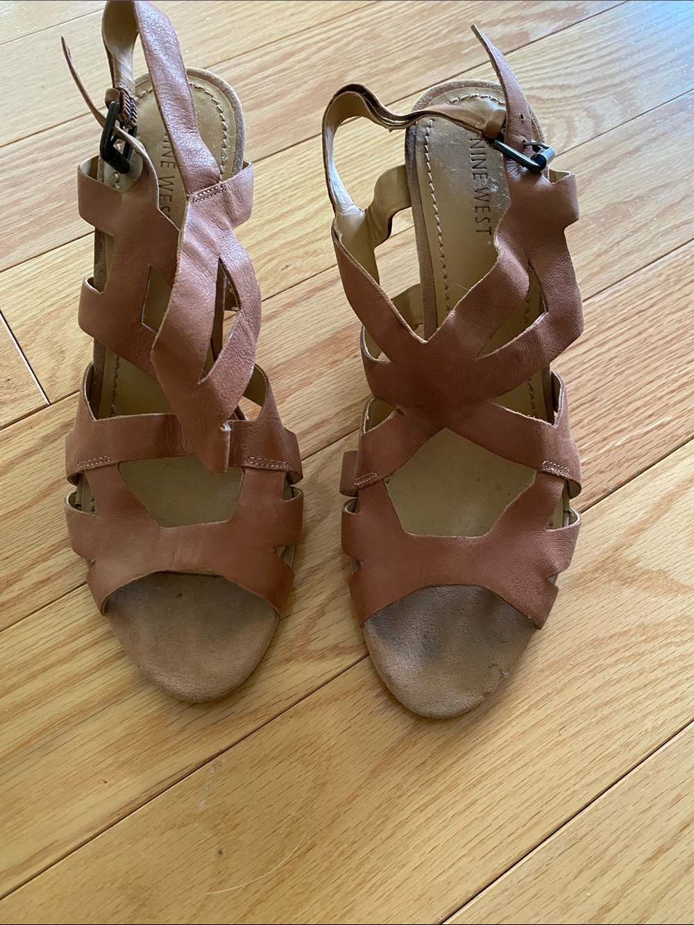 Nine West Tan Brown Leather Strappy Wedge Sandals